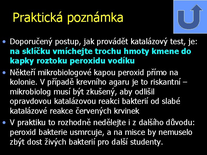 Praktická poznámka • Doporučený postup, jak provádět katalázový test, je: na sklíčku vmíchejte trochu