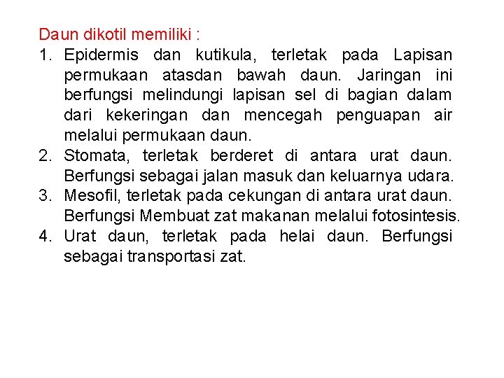 Daun dikotil memiliki : 1. Epidermis dan kutikula, terletak pada Lapisan permukaan atasdan bawah