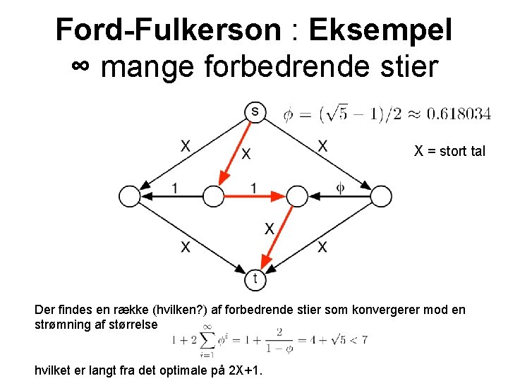 Ford-Fulkerson : Eksempel ∞ mange forbedrende stier X = stort tal Der findes en