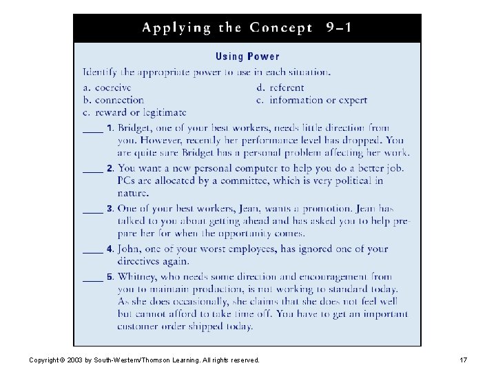 Copyright © 2003 by South-Western/Thomson Learning. All rights reserved. 17  Copyright © 2003 by South-Western/Thomson Learning. All rights reserved. 17