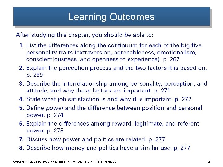 Learning Outcomes Copyright © 2003 by South-Western/Thomson Learning. All rights reserved. 2  Learning Outcomes Copyright © 2003 by South-Western/Thomson Learning. All rights reserved. 2
