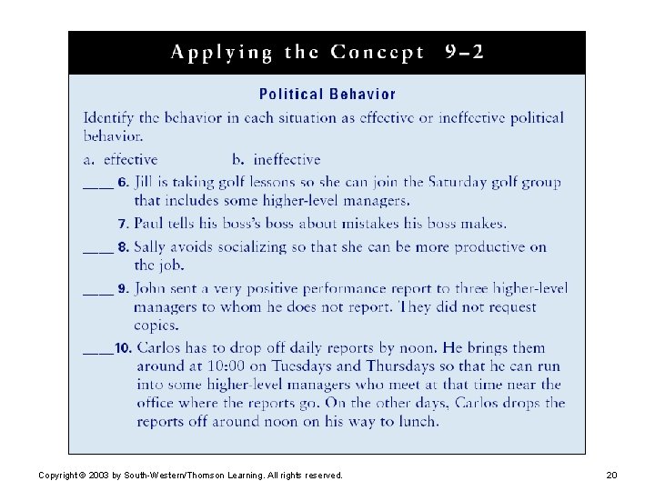 Copyright © 2003 by South-Western/Thomson Learning. All rights reserved. 20  Copyright © 2003 by South-Western/Thomson Learning. All rights reserved. 20