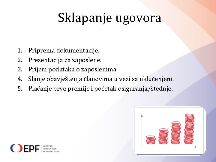Sklapanje ugovora 1. 2. 3. 4. 5. Priprema dokumentacije. Prezentacija za zaposlene. Prijem podataka
