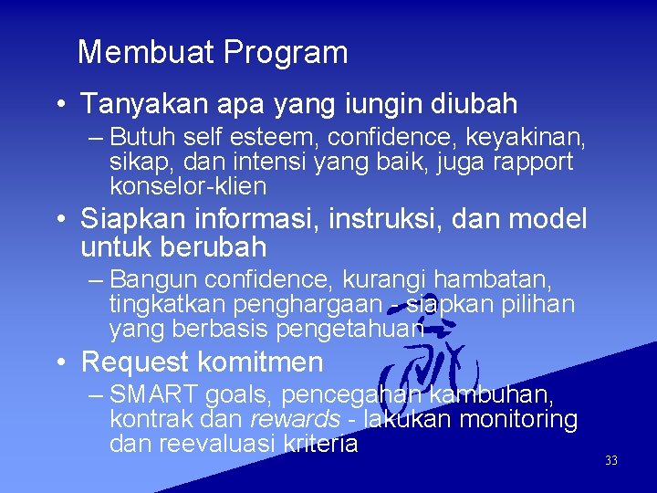 Membuat Program • Tanyakan apa yang iungin diubah – Butuh self esteem, confidence, keyakinan,