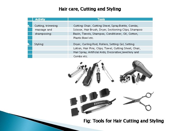 Hair care, Cutting and Styling Activity a. b. Tools Cutting, trimming Cutting Chair, Cutting