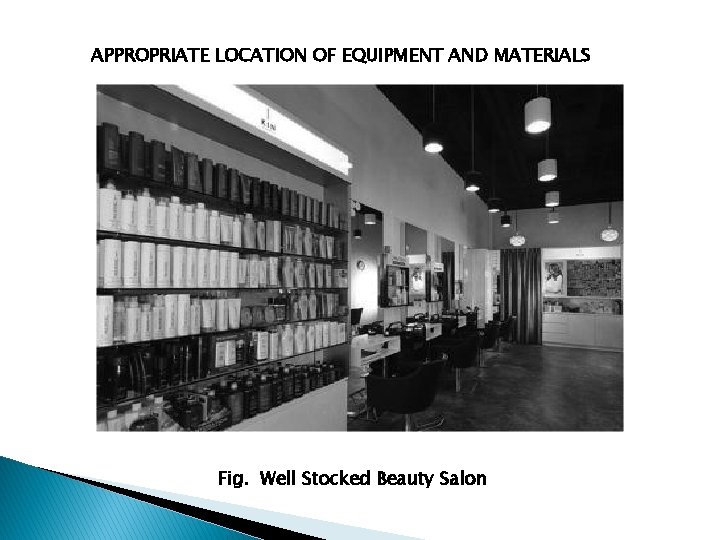 APPROPRIATE LOCATION OF EQUIPMENT AND MATERIALS Fig. Well Stocked Beauty Salon 