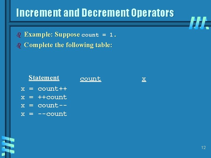 Increment and Decrement Operators b b Example: Suppose count = 1. Complete the following