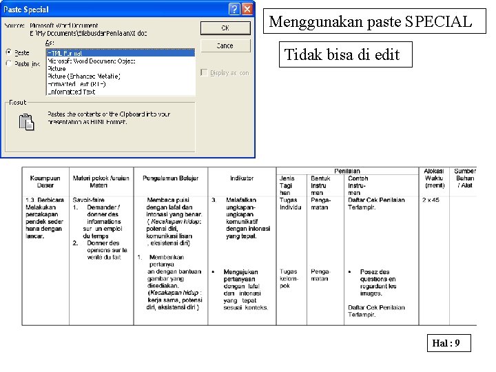 Menggunakan paste SPECIAL Tidak bisa di edit Hal : 9 