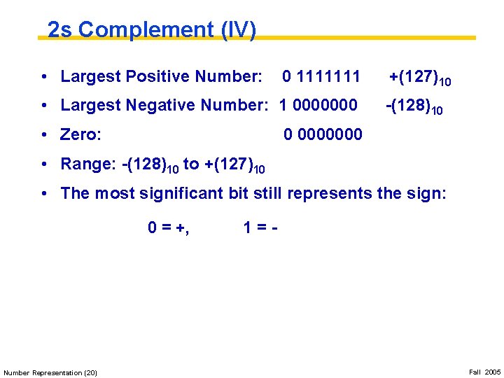 2 s Complement (IV) • Largest Positive Number: 0 1111111 • Largest Negative Number: