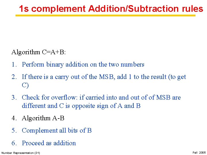 1 s complement Addition/Subtraction rules Algorithm C=A+B: 1. Perform binary addition on the two