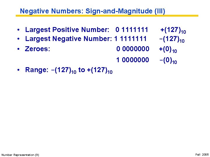 Negative Numbers: Sign-and-Magnitude (III) • Largest Positive Number: 0 1111111 • Largest Negative Number: