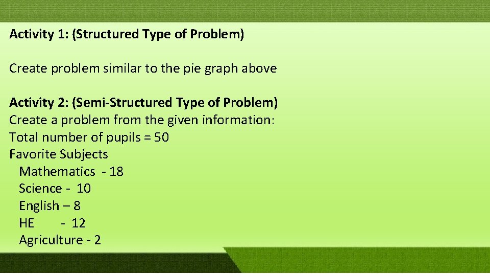 Activity 1: (Structured Type of Problem) Create problem similar to the pie graph above Activity 1: (Structured Type of Problem) Create problem similar to the pie graph above
