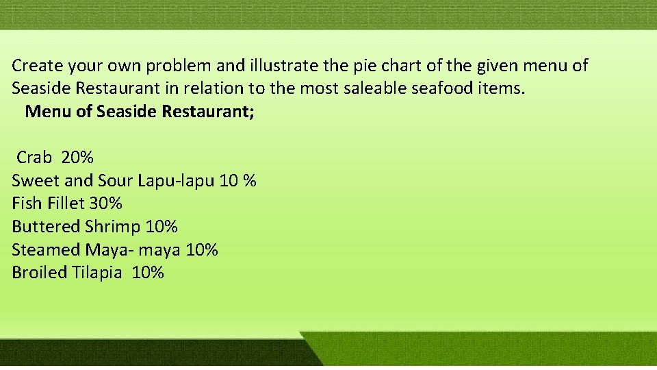 Create your own problem and illustrate the pie chart of the given menu of Create your own problem and illustrate the pie chart of the given menu of