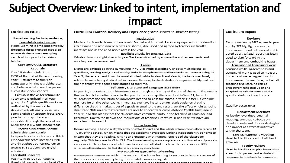Subject Overview: Linked to intent, implementation and impact 