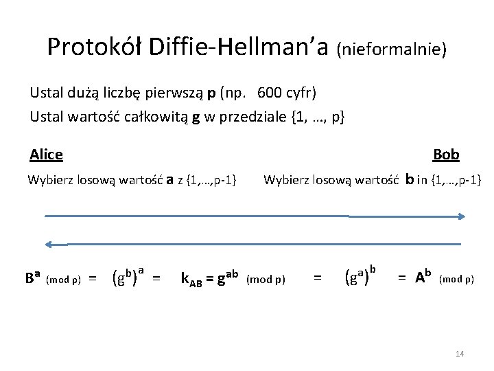 Protokół Diffie-Hellman’a (nieformalnie) Ustal dużą liczbę pierwszą p (np. 600 cyfr) Ustal wartość całkowitą