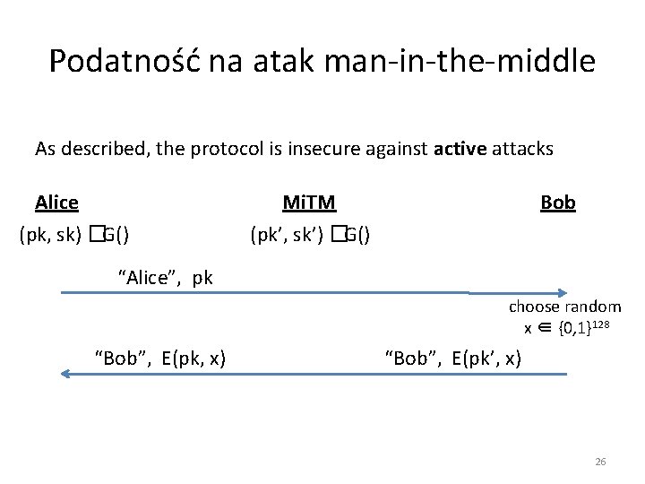 Podatność na atak man-in-the-middle As described, the protocol is insecure against active attacks Alice