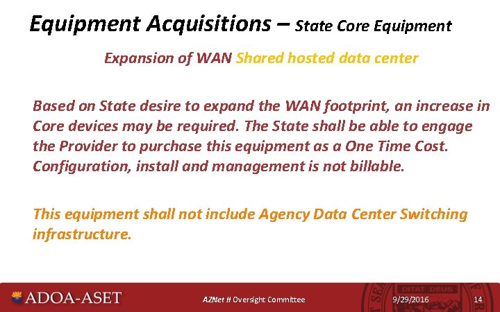 Equipment Acquisitions – State Core Equipment Expansion of WAN Shared hosted data center Based