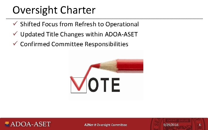 Oversight Charter ü Shifted Focus from Refresh to Operational ü Updated Title Changes within