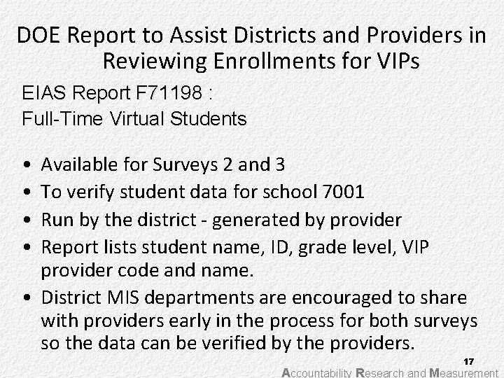 DOE Report to Assist Districts and Providers in Reviewing Enrollments for VIPs EIAS Report