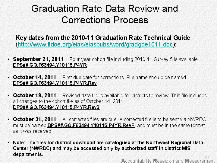 Graduation Rate Data Review and Corrections Process Key dates from the 2010 -11 Graduation
