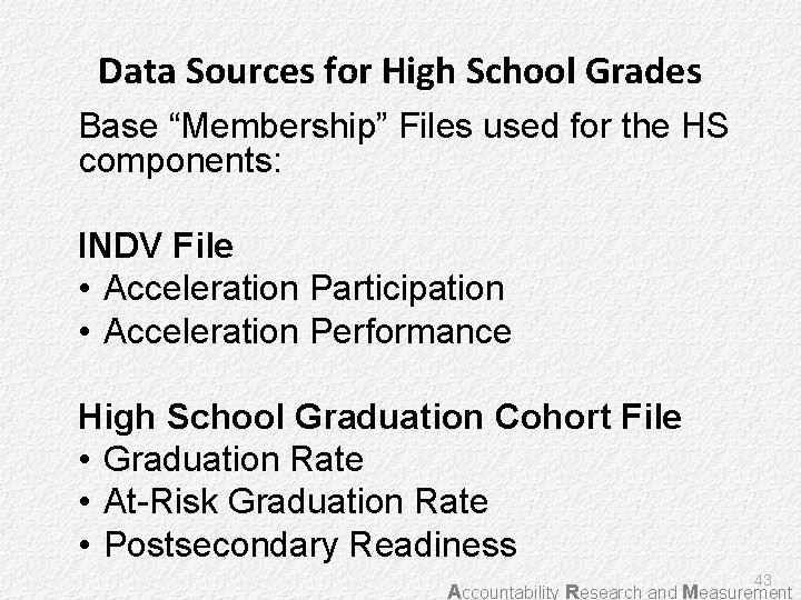 Data Sources for High School Grades Base “Membership” Files used for the HS components: