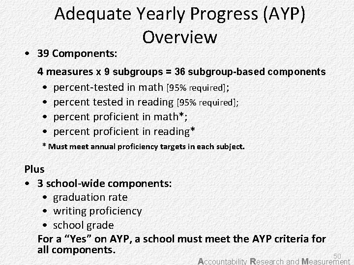 Adequate Yearly Progress (AYP) Overview • 39 Components: 4 measures x 9 subgroups =