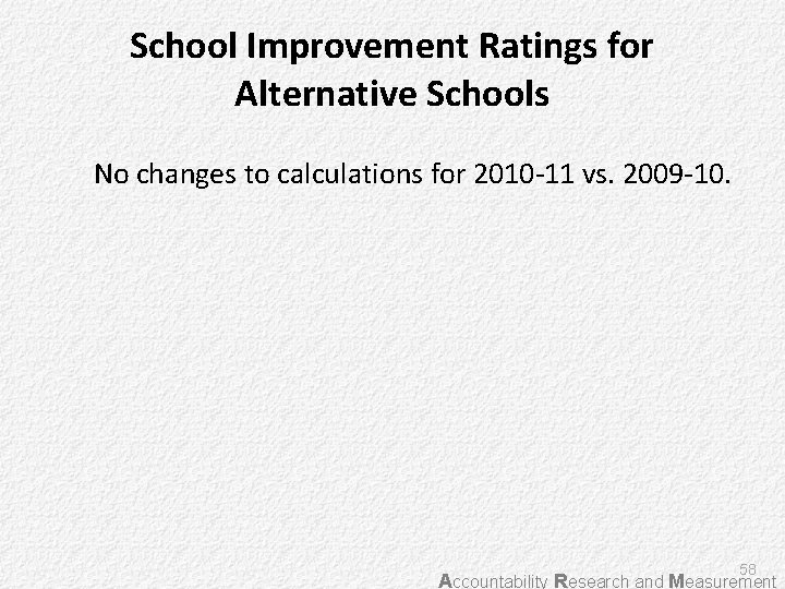 School Improvement Ratings for Alternative Schools No changes to calculations for 2010 -11 vs.