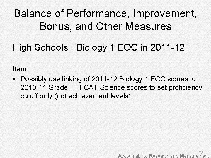 Balance of Performance, Improvement, Bonus, and Other Measures High Schools – Biology 1 EOC