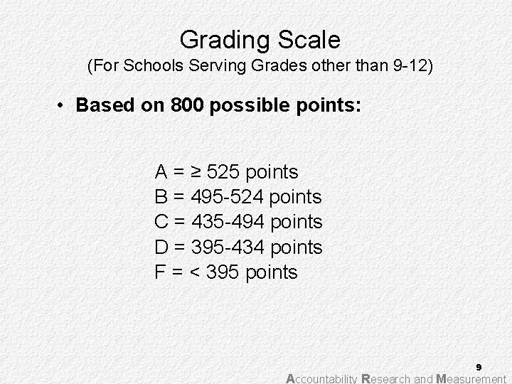 Grading Scale (For Schools Serving Grades other than 9 -12) • Based on 800