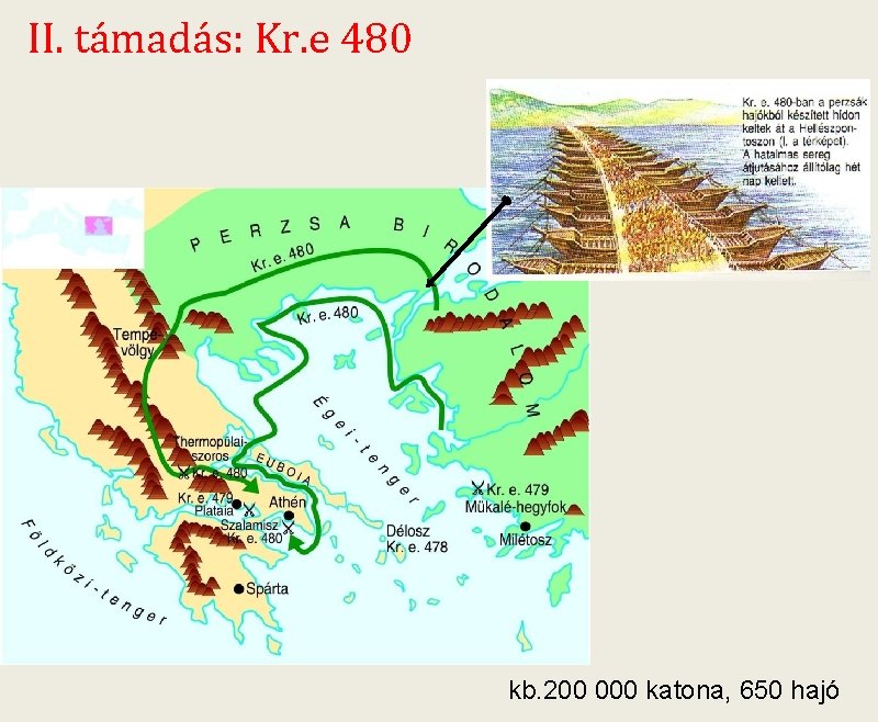 II. támadás: Kr. e 480 kb. 200 000 katona, 650 hajó 