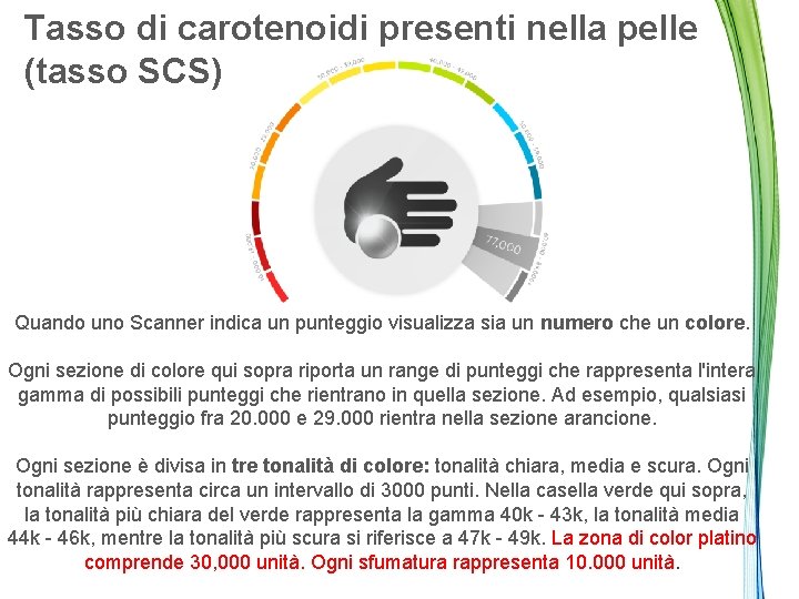 Tasso di carotenoidi presenti nella pelle (tasso SCS) Quando uno Scanner indica un punteggio