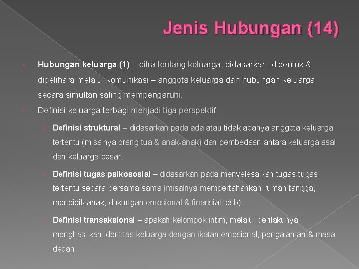 Jenis Hubungan (14) Hubungan keluarga (1) – citra tentang keluarga, didasarkan, dibentuk & dipelihara