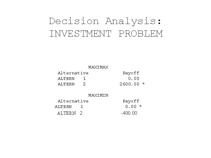 Decision Analysis: INVESTMENT PROBLEM MAXIMAX Alternative ALTERN 1 ALTERN 2 Payoff 0. 00 2600.