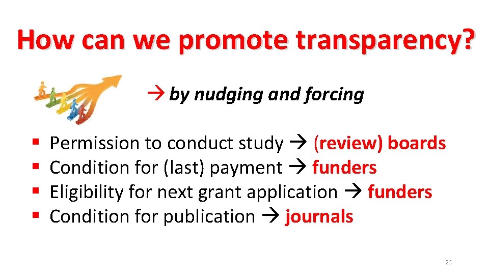 How can we promote transparency? by nudging and forcing § § Permission to conduct
