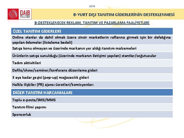 2019 B-YURT DIŞI TANITIM GİDERLERİNİN DESTEKLENMESİ B-DESTEKLENECEK REKLAM, TANITIM VE PAZARLAMA FAALİYETLERİ ÖZEL TANITIM