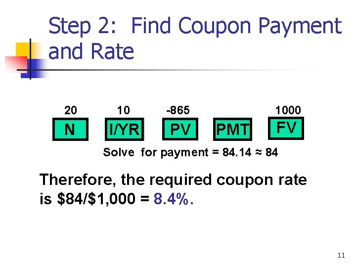 Step 2: Find Coupon Payment and Rate 20 10 -865 N I/YR PV 1000