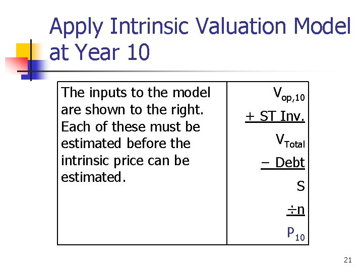 Apply Intrinsic Valuation Model at Year 10 The inputs to the model are shown