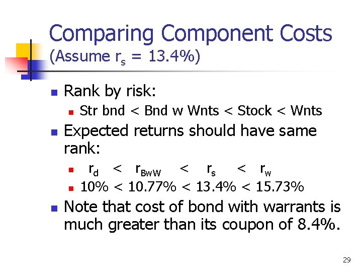 Comparing Component Costs (Assume rs = 13. 4%) n Rank by risk: n n