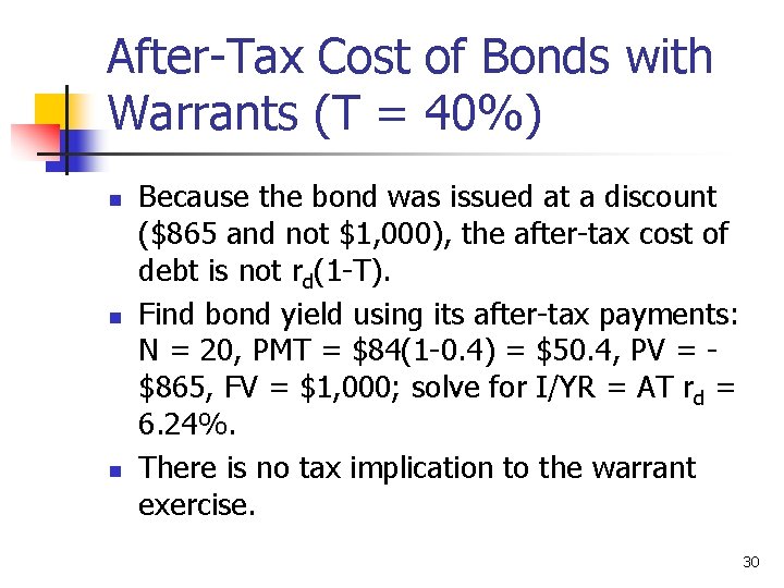 After-Tax Cost of Bonds with Warrants (T = 40%) n n n Because the