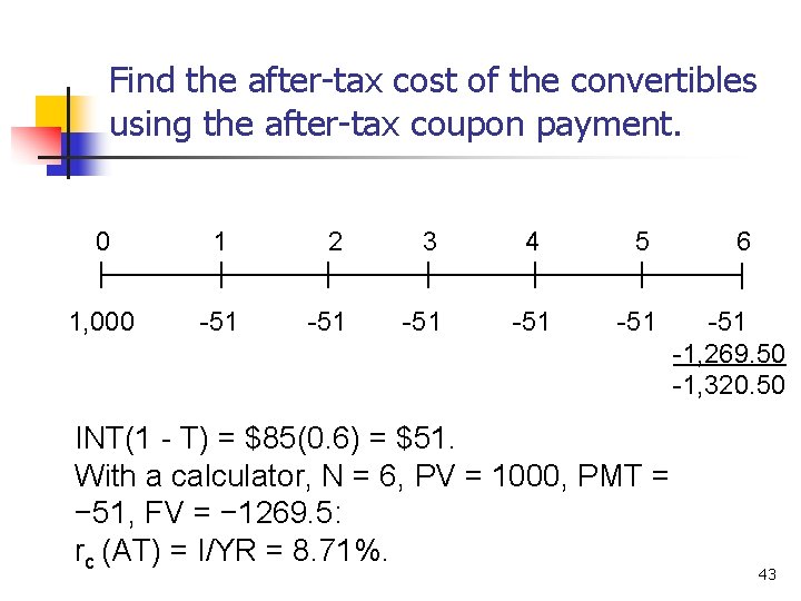 Find the after-tax cost of the convertibles using the after-tax coupon payment. 0 1