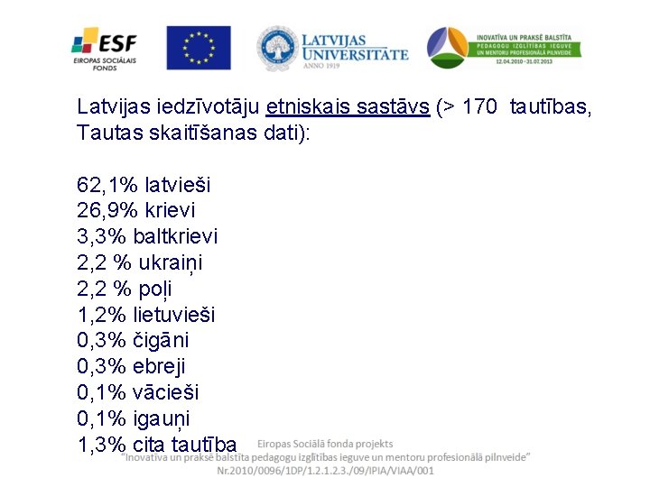 Latvijas iedzīvotāju etniskais sastāvs (> 170 tautības, Tautas skaitīšanas dati): 62, 1% latvieši 26,