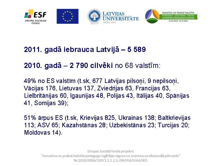 2011. gadā iebrauca Latvijā – 5 589 2010. gadā – 2 790 cilvēki no
