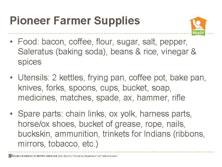 Pioneer Farmer Supplies • Food: bacon, coffee, flour, sugar, salt, pepper, Saleratus (baking soda),