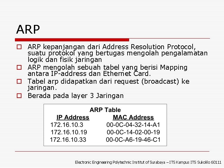 ARP o ARP kepanjangan dari Address Resolution Protocol, suatu protokol yang bertugas mengolah pengalamatan