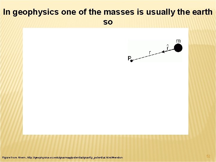 In geophysics one of the masses is usually the earth so Figure from Ahern,
