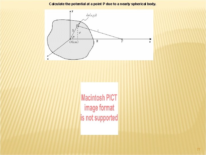 Calculate the potential at a point P due to a nearly spherical body. 77