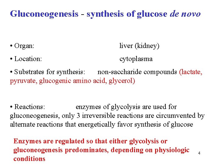 Gluconeogenesis - synthesis of glucose de novo • Organ: liver (kidney) • Location: cytoplasma