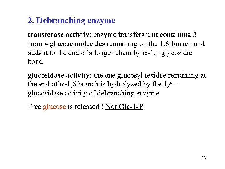 2. Debranching enzyme transferase activity: enzyme transfers unit containing 3 from 4 glucose molecules