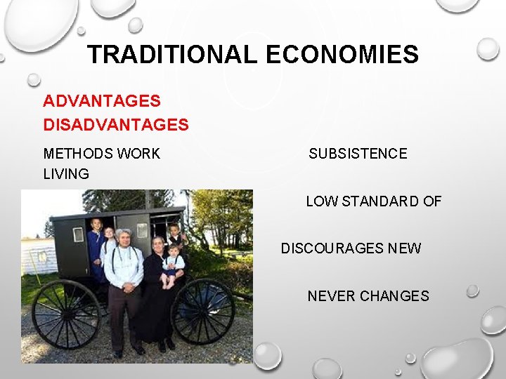 TRADITIONAL ECONOMIES ADVANTAGES DISADVANTAGES METHODS WORK LIVING SUBSISTENCE EVERYONE KNOWS ROLE LIVING LOW STANDARD