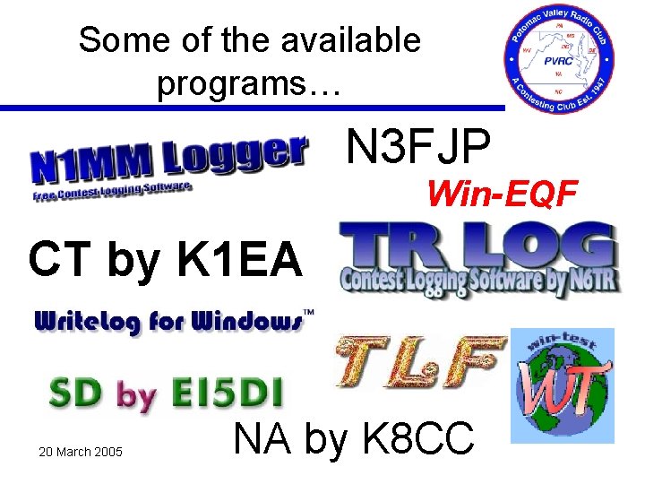 Some of the available programs… N 3 FJP Win-EQF CT by K 1 EA